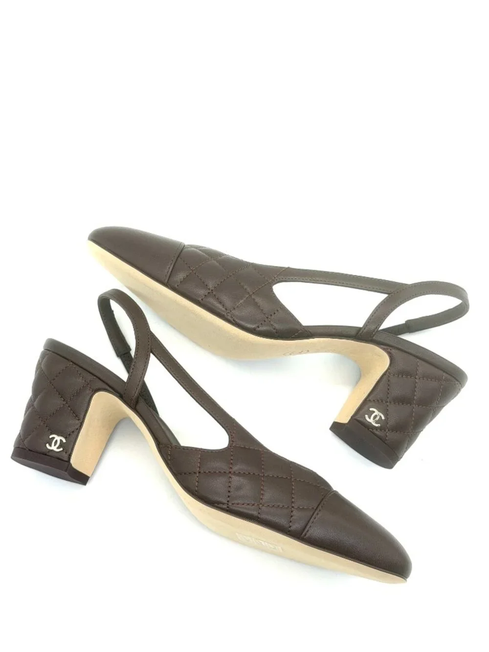 CHANEL 26B Coco Quilted Leather Mademoiselle Slingback Sandals Block Heels Pump